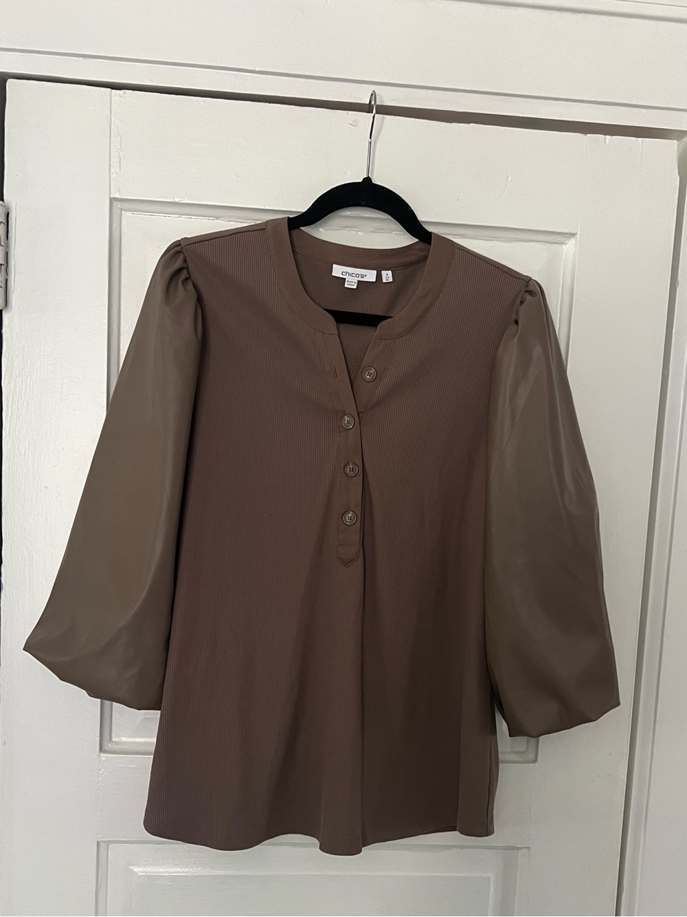 Chico's Women’s Size 3 Brown Button-Front Top with Balloon Leatherish Sleeves